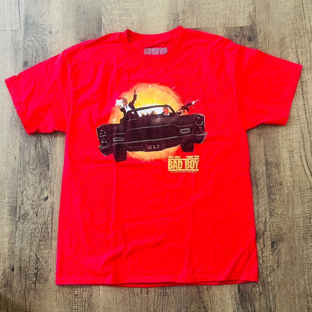 Red Graphic T-Shirt with Car Design juice WRLD concert promo ‘Bad Boy’